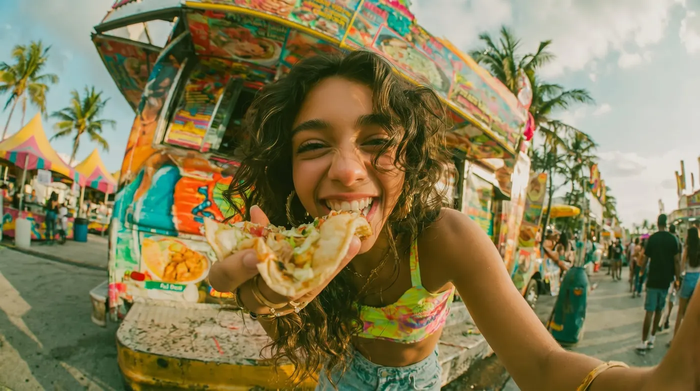 Girl eating tacos in front of food truck